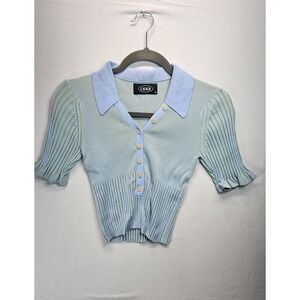 Cider Ribbed Knit Polo Top M Blue Short Sleeve Button Front Cropped
